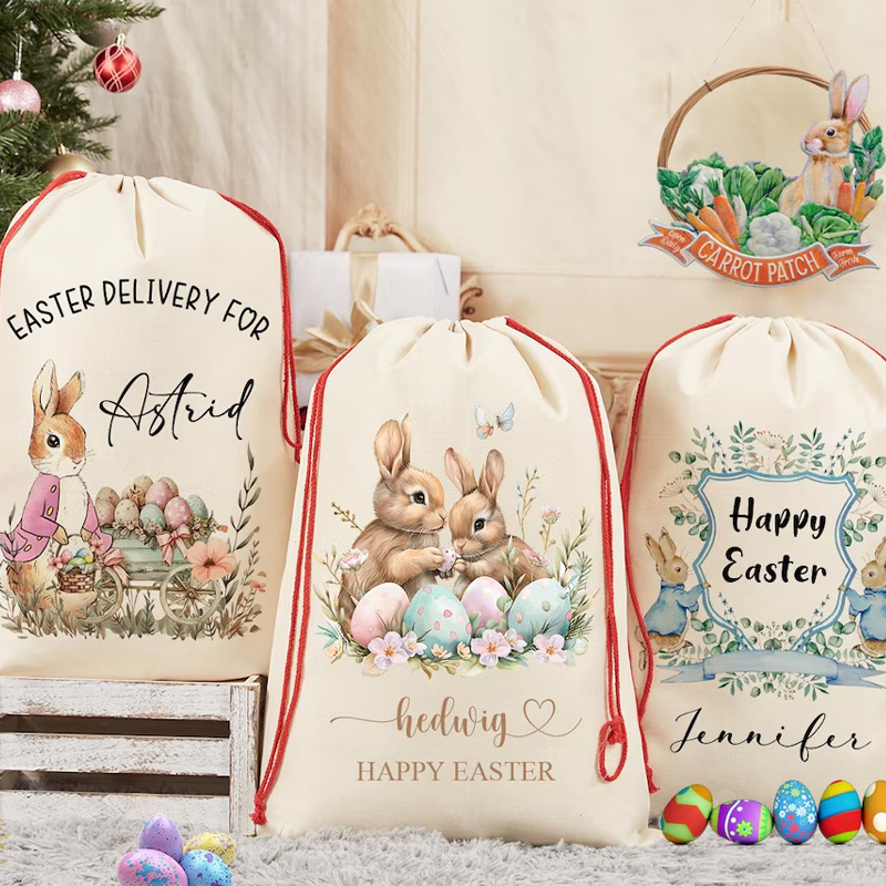 Party Games Egg - ถุงของขวัญกระต่ายอีสเตอร์สุขสันต์วันอีสเตอร์แบบกำหนดเองพร้อมชื่อส่วนตัว สำหรับเด็กชาย เด็กหญิง ตกแต่งงานเทศกาล งานปาร์ตี้ พร้อมเกมหาไข่
