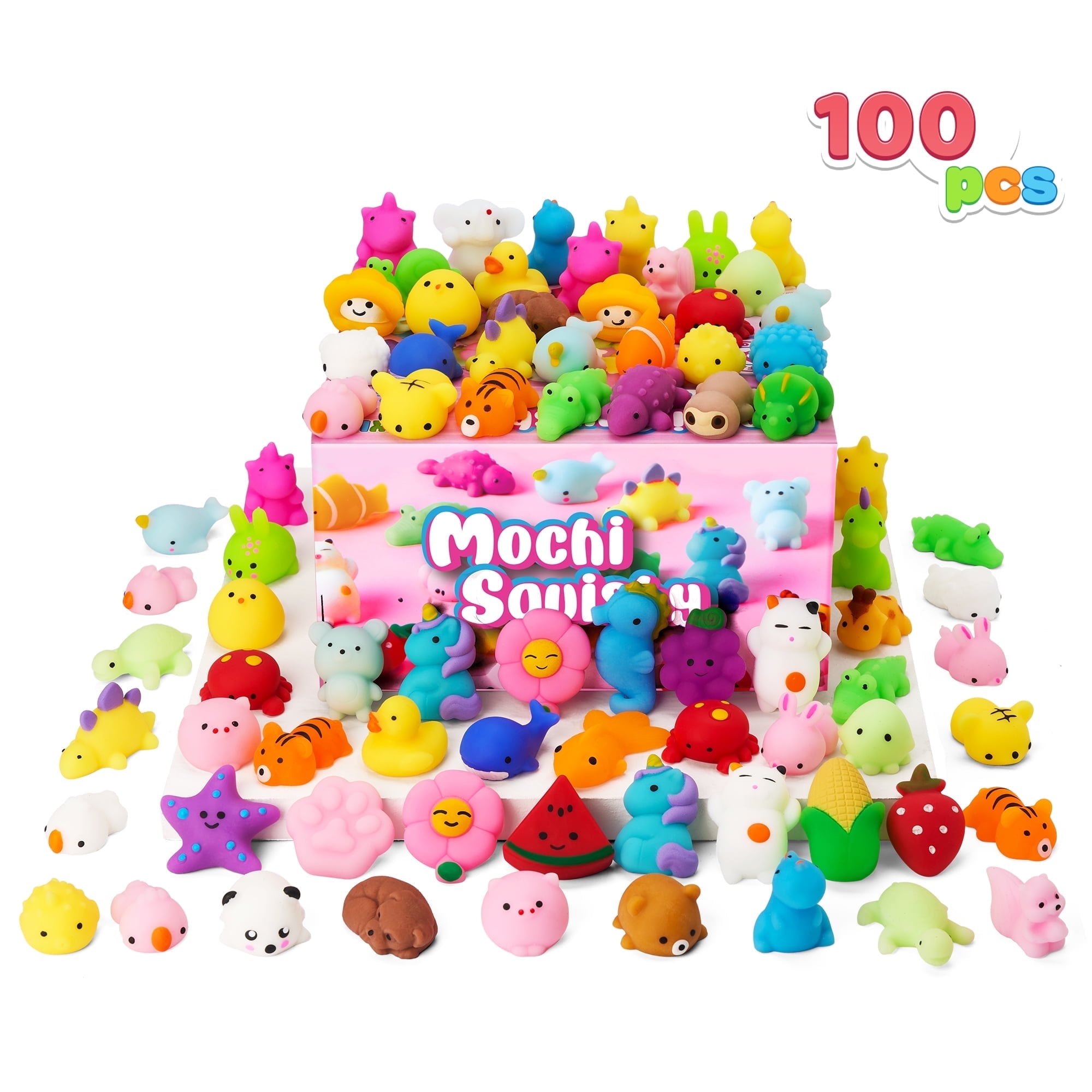 Party Games Kids Birthday - จอยฟี่ โมจิสควิชชี่รูปสัตว์และผลไม้ขนาดเล็ก 100 ชิ้น สำหรับของชำร่วยงานปาร์ตี้เด็ก ของเล่นคลายเครียด