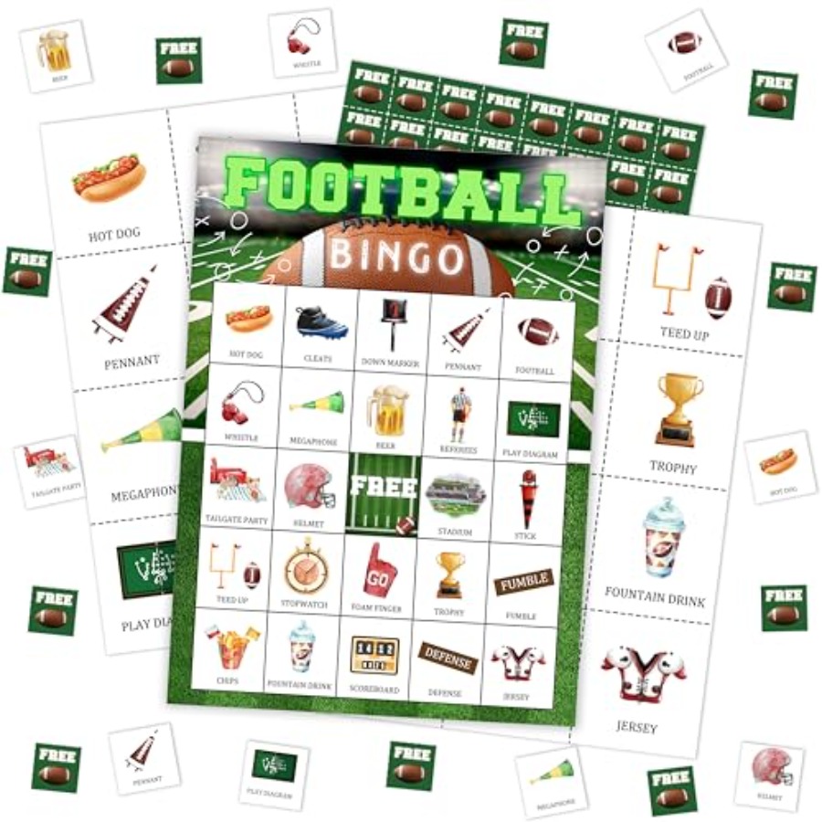 Party Games Large Groups - การ์ดเกมบิงโกปาร์ตี้ฟุตบอล, ชุดบิงโกฟุตบอลสำหรับผู้ใหญ่ กลุ่มใหญ่ ครอบครัว เพื่อน, อุปกรณ์จัดงานปาร์ตี้วันเกิดธีมกีฬา,